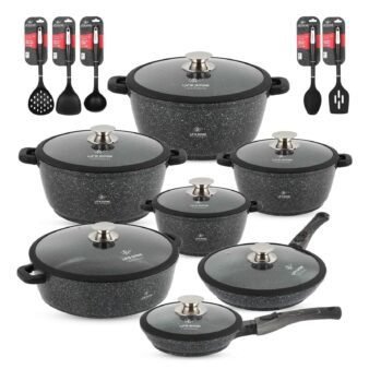 Cookware Set 29 pieces with Multiple Layer Granite Coating and Silicone Handles